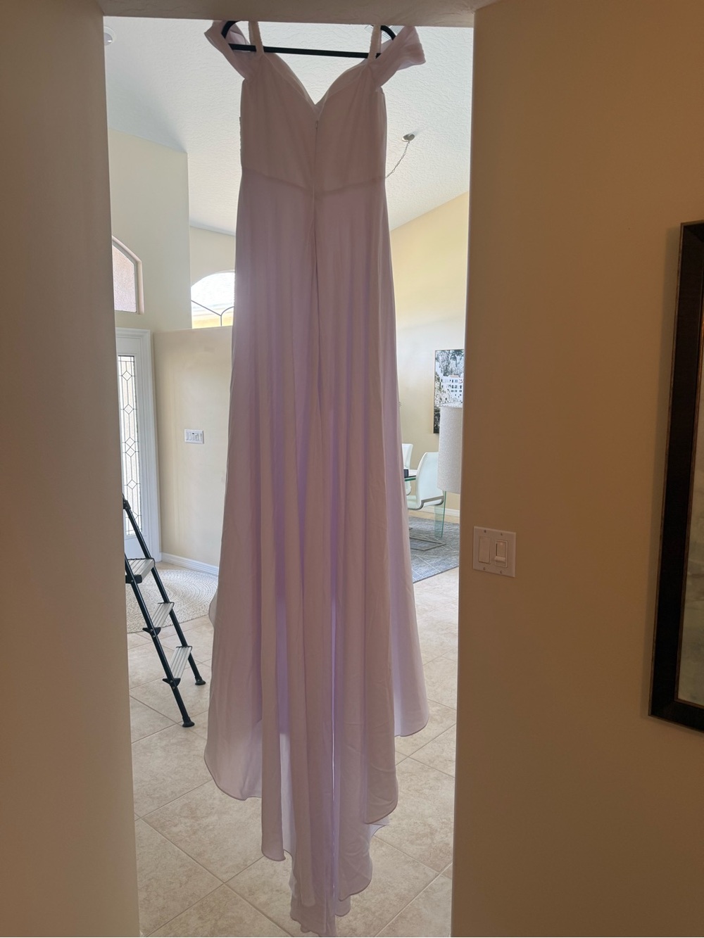 David's Bridal White Off-the-Shoulder Pleated Bodice Gown With 8’ Train - Picture 7 of 9